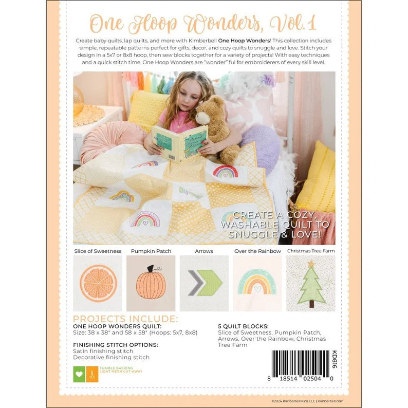 Product packaging for 'One Hoop Wonders, Vol. 4' with a child reading a book and surrounded by quilted items.