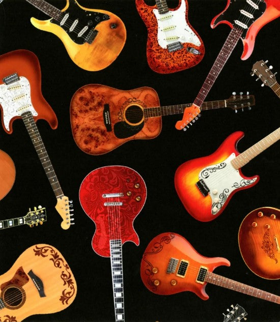 Timeless Treasures Acoustic and Electric Guitars on Black - Timeless Treasures C1611-BLACK