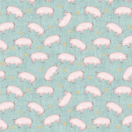 Benartex Fabric - Hog Heaven in Turquoise (Farm Fresh)