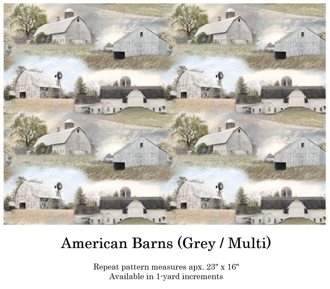 Benartex Fabric - American Barn Panel Grey/Multi (American Barns)