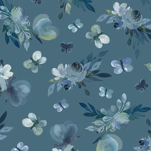 Benartex Fabric - Enchanted Butterfly Garden in Dark Azure (Enchanted Florals)