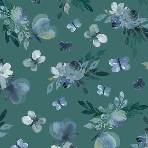 Benartex Fabric - Enchanted Butterfly Garden in Dark Teal (Enchanted Florals)