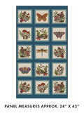 Quilt panel with nature-themed designs on a blue border, featuring butterflies, birds, and flowers. Sold by Sewing Bee Studio.