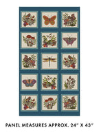 Quilt panel with nature-themed designs on a blue border, featuring butterflies, birds, and flowers. Sold by Sewing Bee Studio.