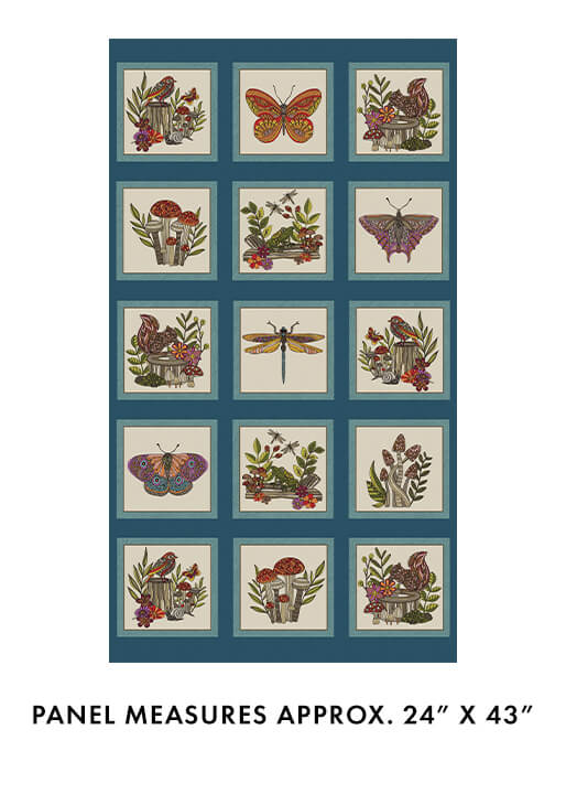 Quilt panel with nature-themed designs on a blue border, featuring butterflies, birds, and flowers. Sold by Sewing Bee Studio.