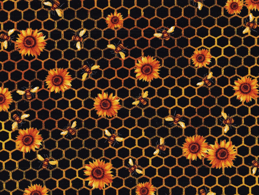 Sunflowers & Bees 1866-4482 Black - Honeycomb Florals