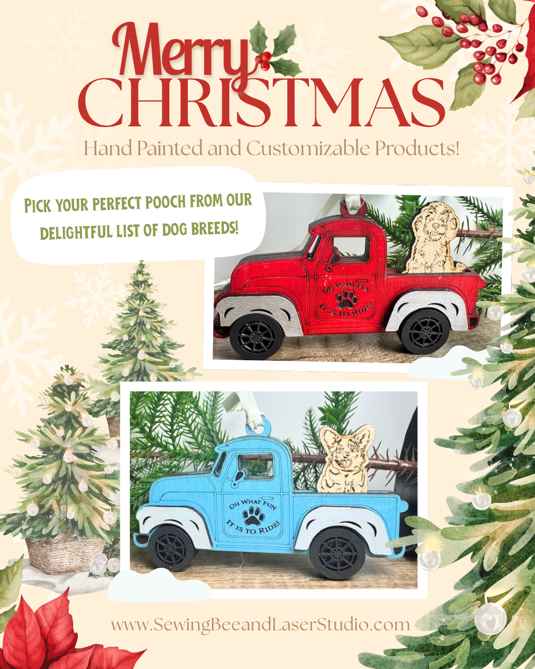 Handcrafted Christmas Truck Ornament with Dog (Your Choice)