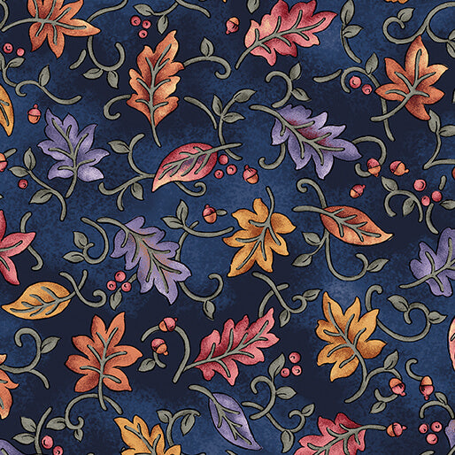 Benartex Fabric - Dancing Leaves Navy (Autumn Breeze)