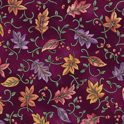 Benartex Fabric - Dancing Leaves Plum (Autumn Breeze)