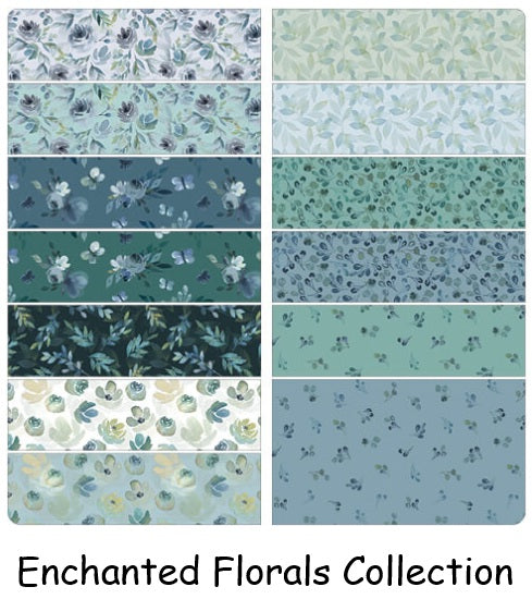 Collection of Enchanted Florals fabric swatches in various shades of blue and green. (Sewing Bee Studio)