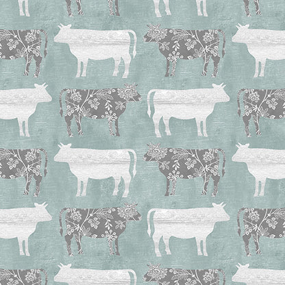 Benartex Fabric - Calico Cows Medium Teal (Chalk Barn)