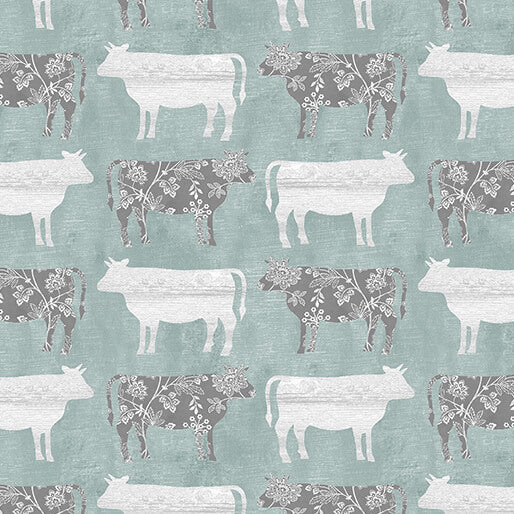 Benartex Fabric - Calico Cows Medium Teal (Chalk Barn)