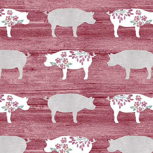 Benartex Fabric - Pretty Pigs Red (Chalk Barn)
