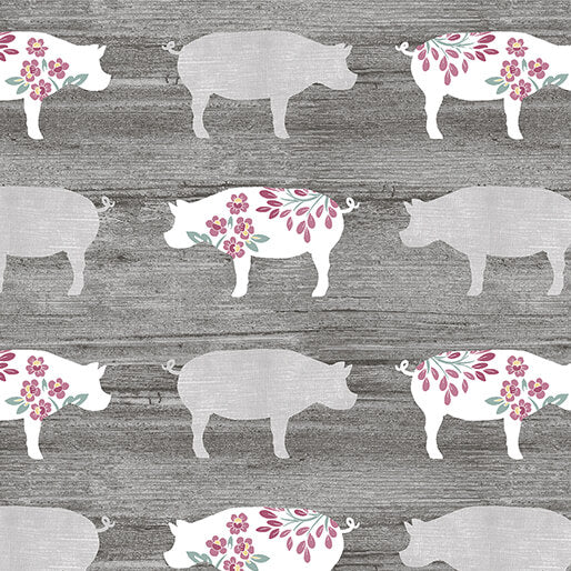 Benartex Fabric - Pretty Pigs Charcoal (Chalk Barn)