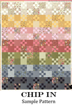 Colorful patchwork quilt pattern with a 'CHIP IN' text overlay