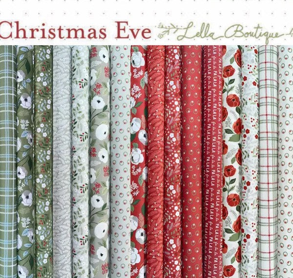 Collection of Christmas-themed fabric rolls with 'Christmas Eve' and 'Lella Boutique' branding. For sale by Sewing Bee Studio.