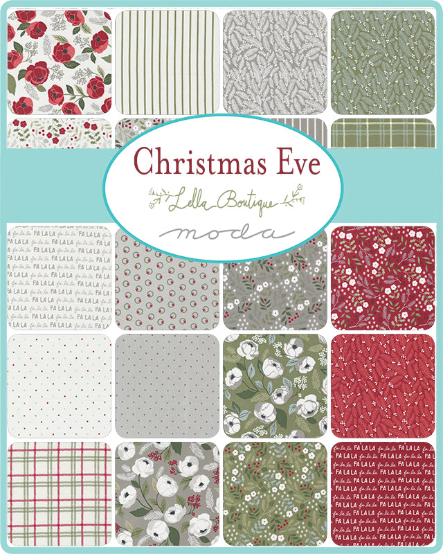 Collection of Christmas Eve fabric patterns by Lella Boutique for Moda . Sold by Sewing Bee Studio in bundle packs.