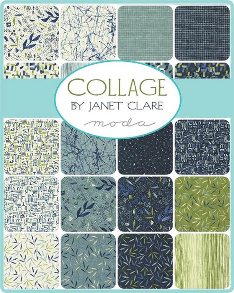 Collection of fabric swatches with 'Collage by Janet Clare' branding on a blue background. Sewing Bee Studio.