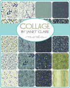 Collection of fabric swatches with 'Collage by Janet Clare' branding on a blue background. Sewing Bee Studio.
