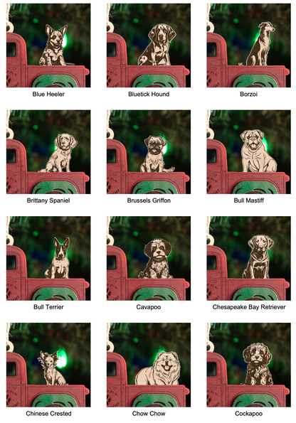 Handcrafted Christmas Truck Ornament with Dog (Your Choice)