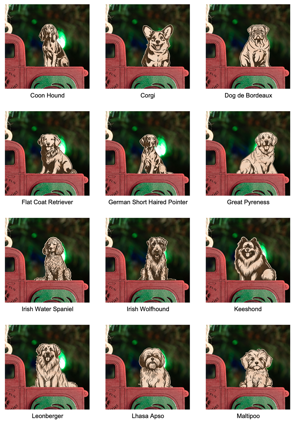 Handcrafted Christmas Truck Ornament with Dog (Your Choice)