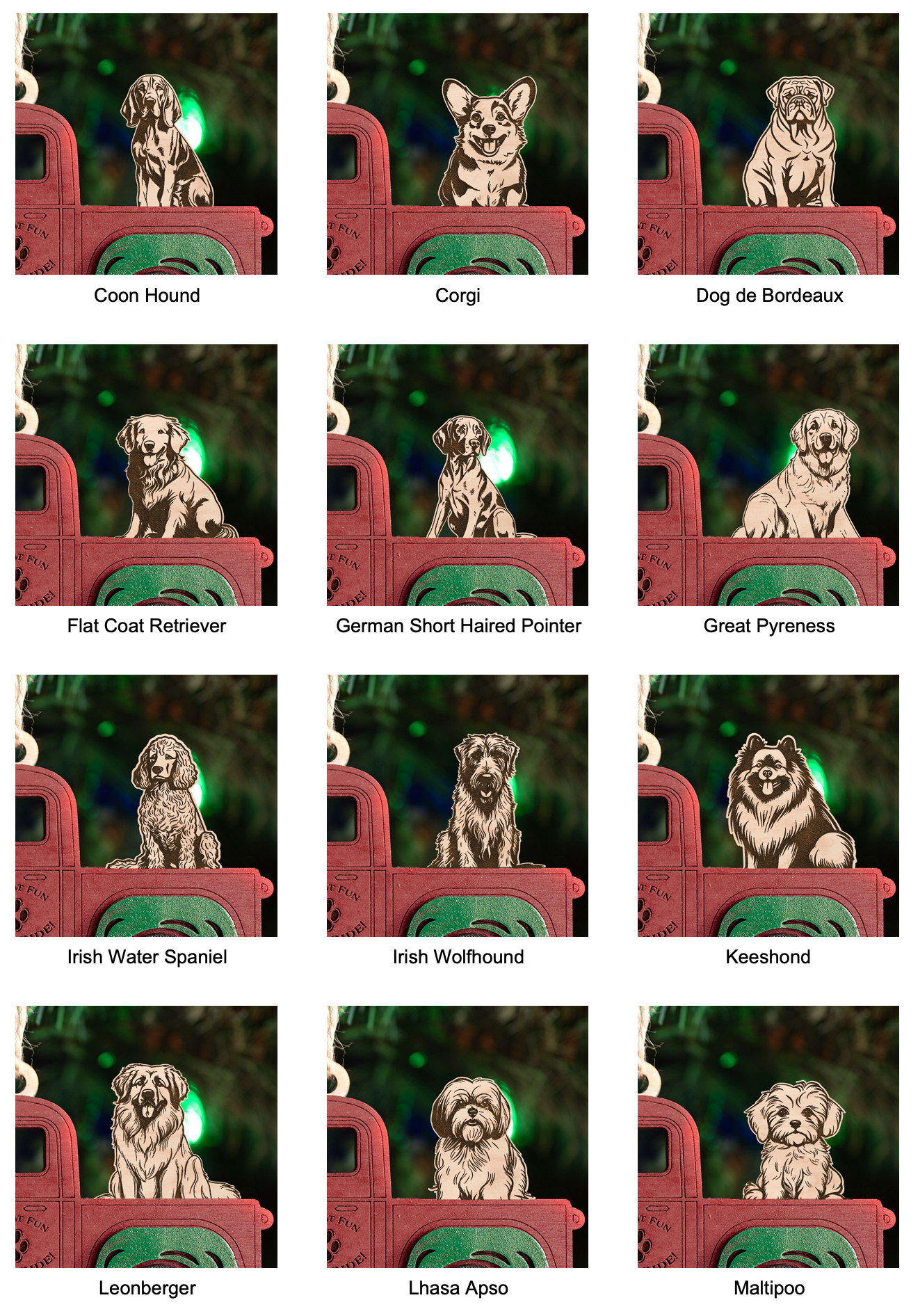 Handcrafted Christmas Truck Ornament with Dog (Your Choice)