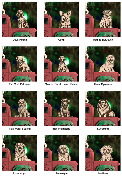 Handcrafted Christmas Truck Ornament with Dog (Your Choice)