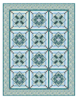 Crossed Chains quilt pattern with a geometric pattern in shades of blue and green. (Sewing Bee Studio)