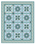 Crossed Chains quilt pattern with a geometric pattern in shades of blue and green. (Sewing Bee Studio)
