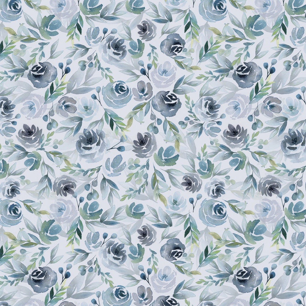 Pattern of blue flowers and green leaves on a light blue background (Sewing Bee Studio)