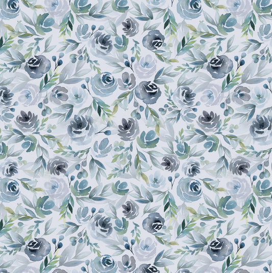 Pattern of blue flowers and green leaves on a light blue background (Sewing Bee Studio)