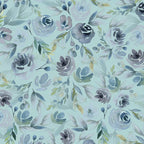 Floral pattern with purple flowers and green leaves on a light turquoise background (Sewing Bee Studio)