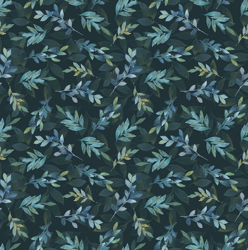 Pattern of green leaves on a dark background (Sewing Bee)