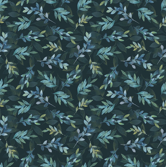 Pattern of green leaves on a dark background (Sewing Bee)