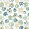 Pattern of watercolor flowers in green and blue on a white background. (Sewing Bee Studio)