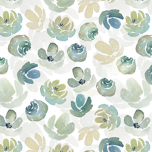 Pattern of watercolor flowers in green and blue on a white background. (Sewing Bee Studio)