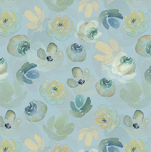 Fabric design of watercolor flowers on a light blue background. (Sewing Bee Studio)
