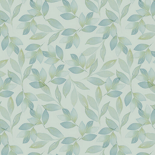 Fabric pattern of green leaves on a light blue background. (Sewing Bee Studio)