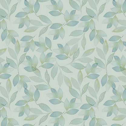 Fabric pattern of green leaves on a light blue background. (Sewing Bee Studio)