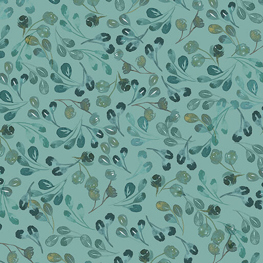 Fabric pattern of leaves and branches on a teal background. (Sewing Bee Studio)