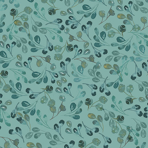 Fabric pattern of leaves and branches on a teal background. (Sewing Bee Studio)
