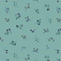Fabric pattern of small leaves and berries on a teal background. (Sewing Bee Studio)