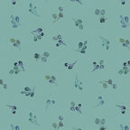 Fabric pattern of small leaves and berries on a teal background. (Sewing Bee Studio)