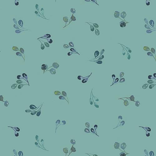 Fabric pattern of small leaves and berries on a teal background. (Sewing Bee Studio)