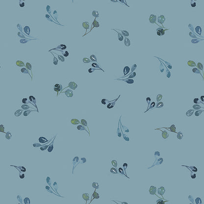 Fabric pattern of small leaves and branches on a blue background. (Sewing Bee Studio)