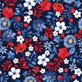 Navy blue fabric with red, white, and blue floral pattern, Fabric is sold by Sewing Bee Studio.