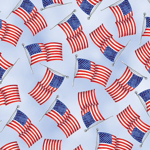 Benartex Fabric - USA Flags Light Blue (Faith, Family, Freedom)