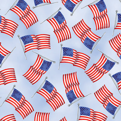 Benartex Fabric - USA Flags Light Blue (Faith, Family, Freedom)