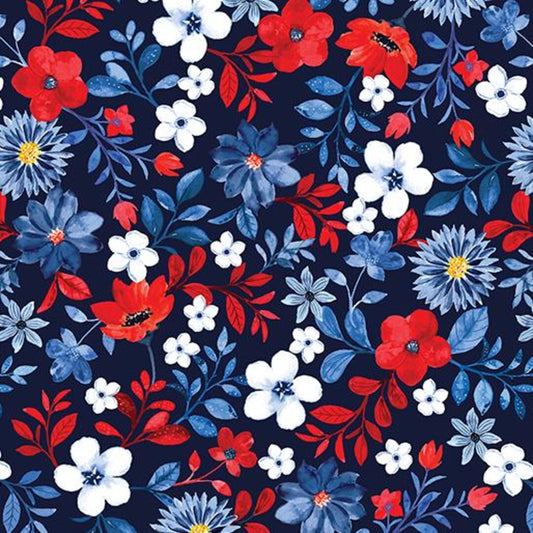 Benartex Fabric - Patriotic Flowers Navy (Faith, Family, Freedom)