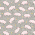 Pattern of pink pigs and yellow flowers on a textured gray background. (Sewing Bee Studio)